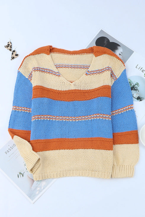 V-Neck Knitted Lantern Sleeve Pullover Sweater